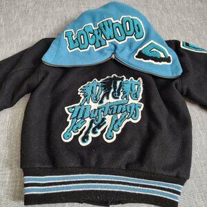 VINTAGE Letterman Jacket Black Blue Lockwood Mustangs Varsity Women's Size Small
